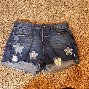 Others Follow‎ Denim Shorts Star Distressed Frayed Hem Blue Medium